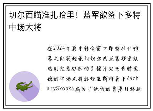 切尔西瞄准扎哈里！蓝军欲签下多特中场大将