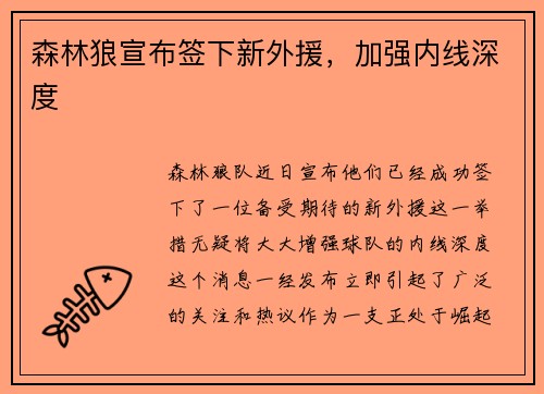 森林狼宣布签下新外援，加强内线深度