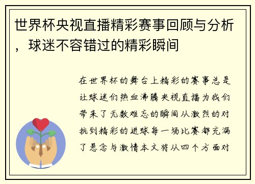 世界杯央视直播精彩赛事回顾与分析，球迷不容错过的精彩瞬间