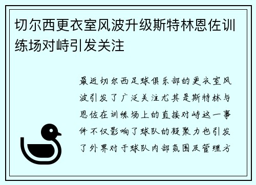 切尔西更衣室风波升级斯特林恩佐训练场对峙引发关注